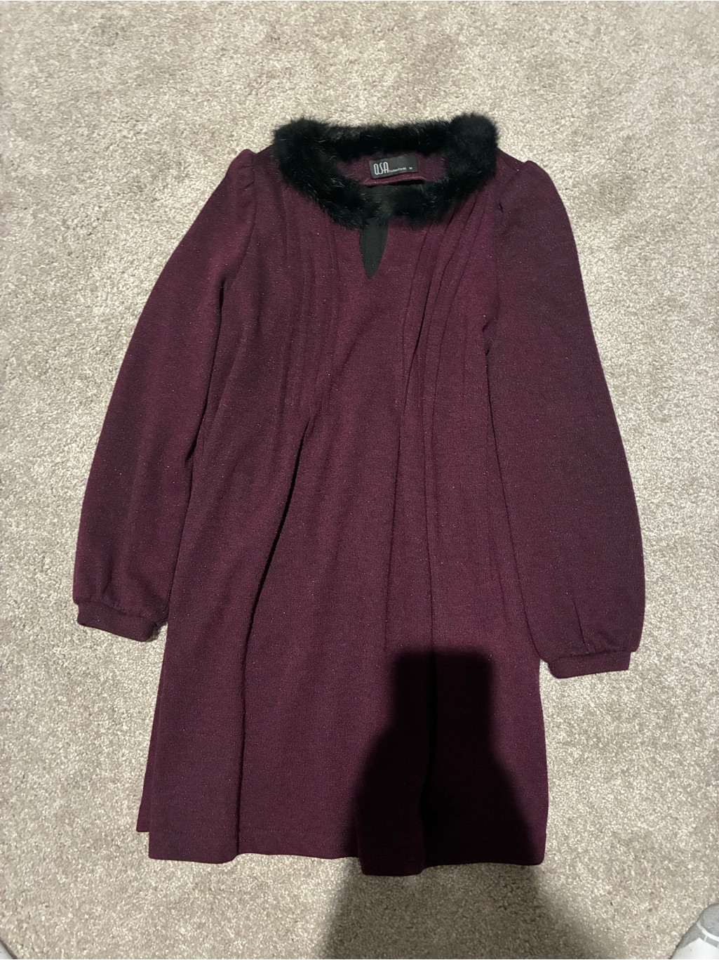Osa Plum Knit Top With Black Faux Fur Trim Shimmery
